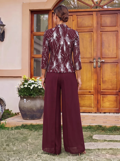 Combinaisons grande taille pour mère de la mariée en mousseline, encolure arrondie, manches 3/4, longueur au sol, veste et sequins