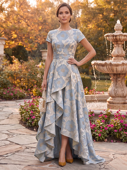 Robes grande taille pour mère de la mariée en jacquard, coupe trapèze/princesse, encolure arrondie, manches courtes, asymétrique, volants et fente latérale