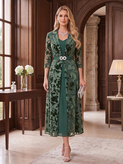 Robes grande taille pour mère de la mariée en velours, coupe fourreau, col en V, manches 3/4, longueur cheville, veste et motifs floraux