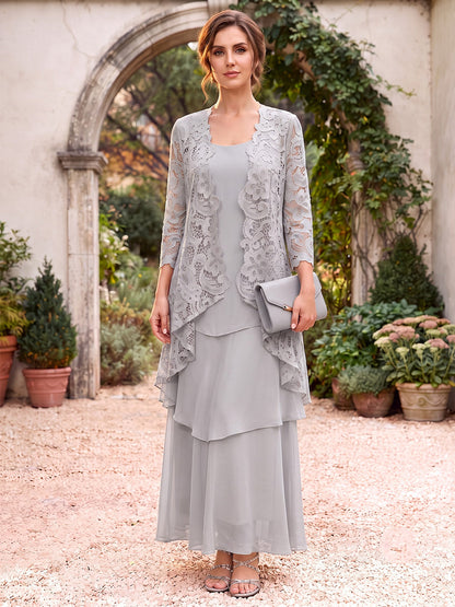 Robes grande taille pour mère de la mariée en mousseline, coupe fourreau, encolure arrondie, manches 3/4, longueur au sol, veste et dentelle