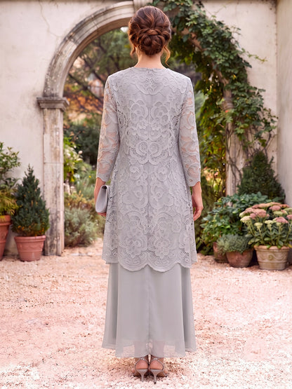 Robes grande taille pour mère de la mariée en mousseline, coupe fourreau, encolure arrondie, manches 3/4, longueur au sol, veste et dentelle
