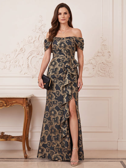 Robes grande taille pour mère de la mariée en jacquard, coupe trompette/sirène, épaules dénudées, sans manches, longueur au sol, volants et fente latérale