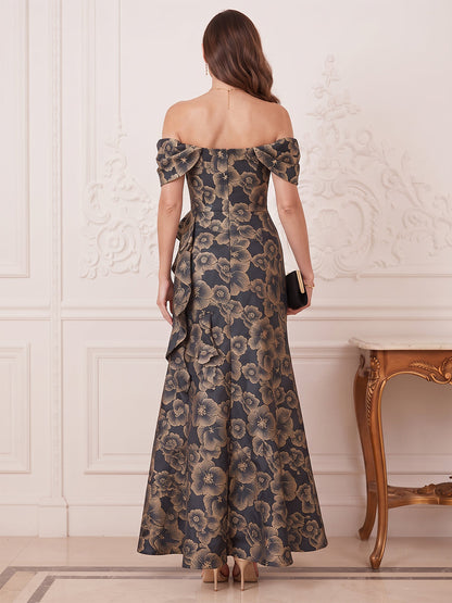 Robes grande taille pour mère de la mariée en jacquard, coupe trompette/sirène, épaules dénudées, sans manches, longueur au sol, volants et fente latérale