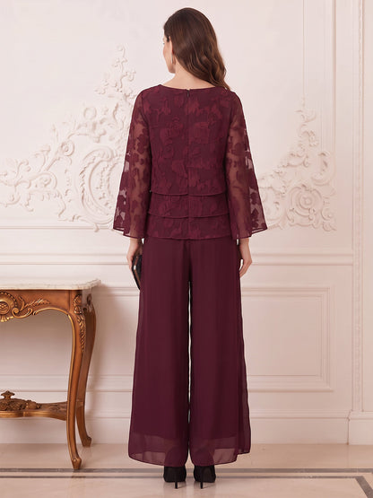 Combinaisons grande taille pour mère de la mariée en mousseline, encolure arrondie, manches 3/4, longueur au sol, volants étagés et motifs floraux