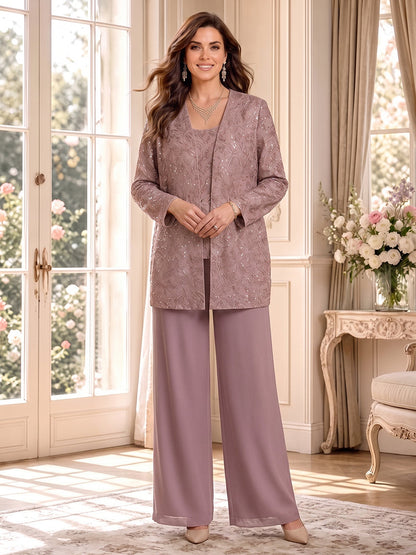 Combinaisons grande taille pour mère de la mariée en mousseline, encolure arrondie, manches longues, longueur au sol, veste et dentelle
