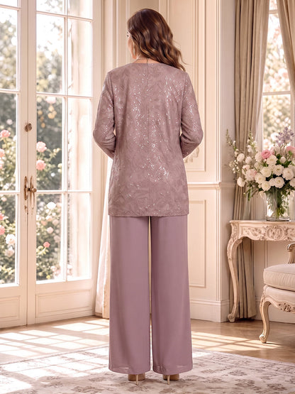 Combinaisons grande taille pour mère de la mariée en mousseline, encolure arrondie, manches longues, longueur au sol, veste et dentelle