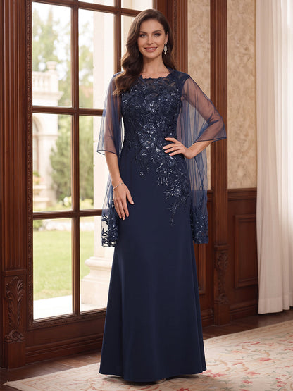 Robes grande taille pour mère de la mariée en mousseline, coupe fourreau, encolure arrondie, sans manches, longueur au sol Avec applications et étole