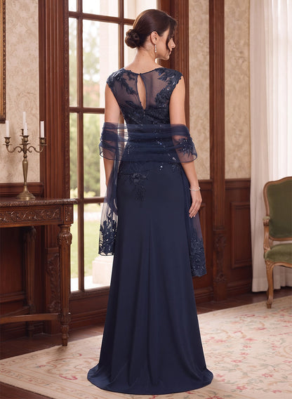 Robes grande taille pour mère de la mariée en mousseline, coupe fourreau, encolure arrondie, sans manches, longueur au sol Avec applications et étole