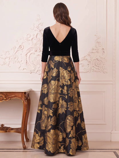 Robe de mère de la mariée longue en jacquard, coupe trapèze/princesse, col en V, manches 3/4 et nœud décoratif