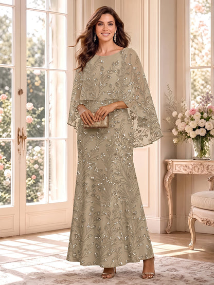 Robe de mère de la mariée longue en tulle, coupe fourreau, encolure arrondie, mancherons, sequins et applications