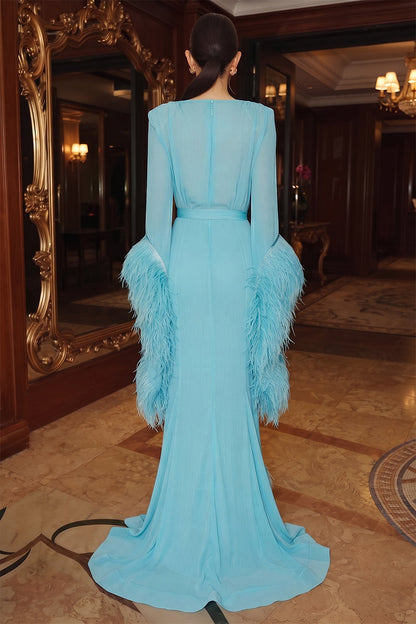 Robe de soirée longue en mousseline, coupe trapèze/princesse, col en V, manches longues, avec plumes et plis