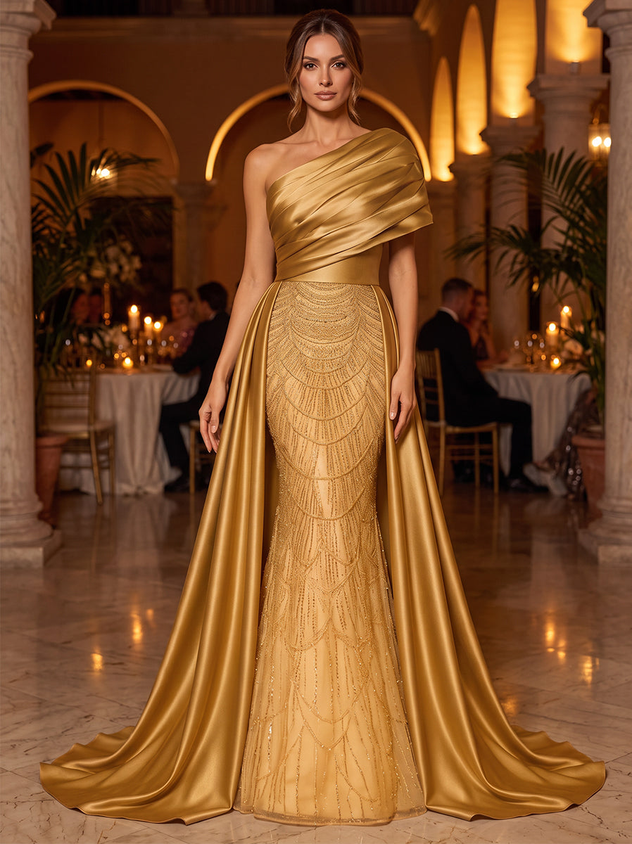 Robe de soirée longue en satin, coupe trapèze/princesse, asymétrique (une épaule), sans manches, avec sequins