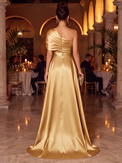 Robe de soirée longue en satin, coupe trapèze/princesse, asymétrique (une épaule), sans manches, avec sequins