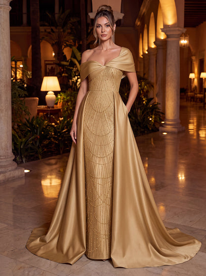 Robe de soirée longue en satin, coupe trapèze/princesse, épaules dénudées, sans manches, avec sequins