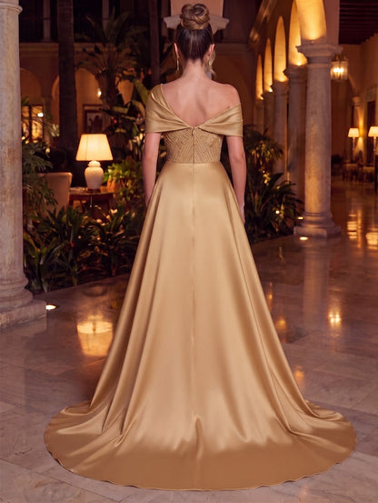 Robe de soirée longue en satin, coupe trapèze/princesse, épaules dénudées, sans manches, avec sequins