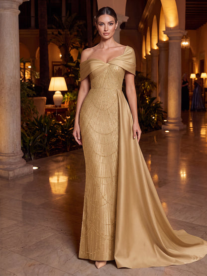 Robe de soirée longue en satin, coupe fourreau, épaules dénudées, sans manches, avec sequins et ceinture ruban