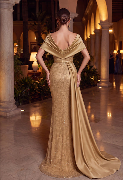 Robe de soirée longue en satin, coupe fourreau, épaules dénudées, sans manches, avec sequins et ceinture ruban