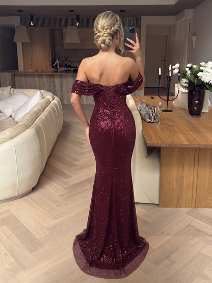Robe de soirée longue en sequins, coupe trompette/sirène, épaules dénudées, sans manches, avec plis