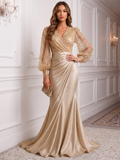Robe de soirée longue en satin de soie, coupe trapèze/princesse, col en V, manches longues, avec sequins et plis