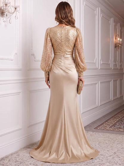 Robe de soirée longue en satin de soie, coupe trapèze/princesse, col en V, manches longues, avec sequins et plis
