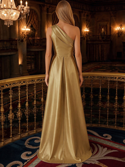 Robe de soirée longue en satin et sequins, coupe trapèze/princesse, asymétrique (une épaule), sans manches, avec motifs appliqués