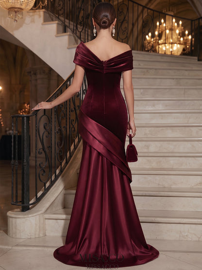 Robe de soirée longue en velours et satin, coupe trapèze/princesse, épaules dénudées, sans manches, avec plis