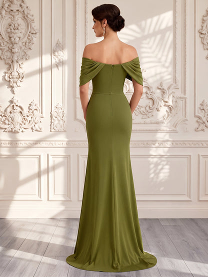 Robe de soirée longue en mousseline, coupe fourreau/droite, épaules dénudées, sans manches, avec plis