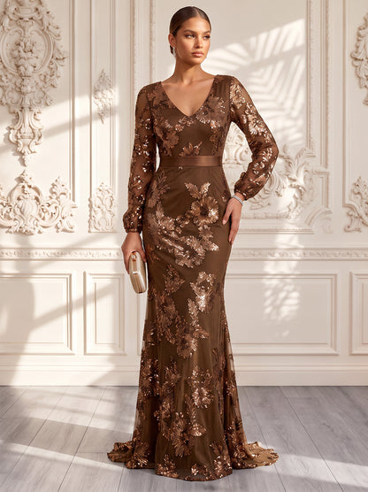 Robe de soirée longue en mousseline, coupe fourreau/droite, col en V, manches longues, avec appliques et ceinture