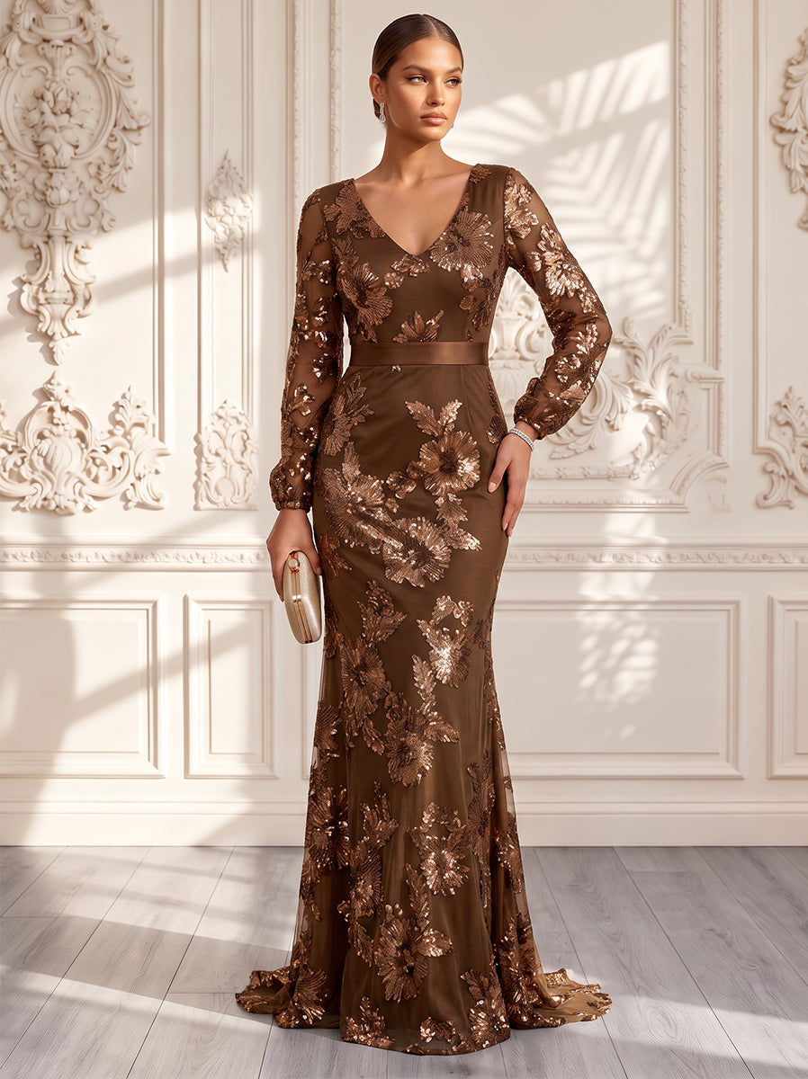 Robe de soirée longue en mousseline, coupe fourreau/droite, col en V, manches longues, avec appliques et ceinture