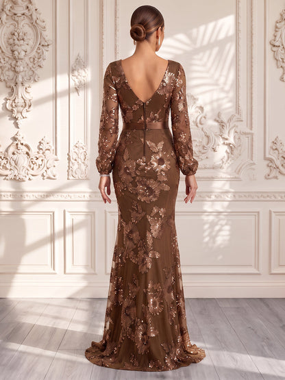 Robe de soirée longue en mousseline, coupe fourreau/droite, col en V, manches longues, avec appliques et ceinture