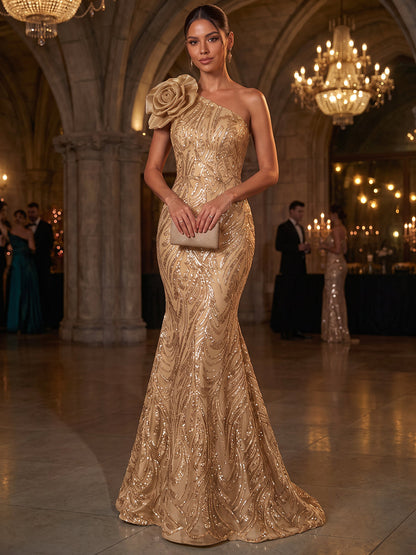 Robe de soirée longue en tulle, coupe trompette/sirène, asymétrique (une épaule), sans manches, avec appliques et fleurs 3D