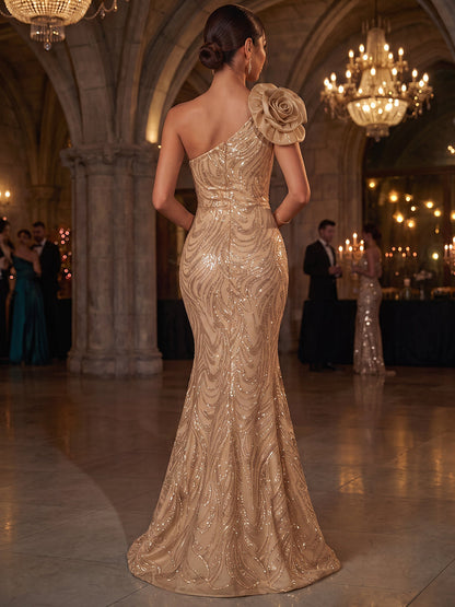 Robe de soirée longue en tulle, coupe trompette/sirène, asymétrique (une épaule), sans manches, avec appliques et fleurs 3D
