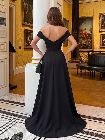Robe de soirée longue en satin, coupe trapèze/princesse, épaules dénudées, sans manches, avec poches
