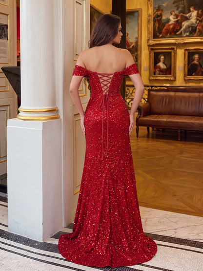 Robe de soirée longue en sequins, coupe trompette/sirène, épaules dénudées, sans manches, avec plis