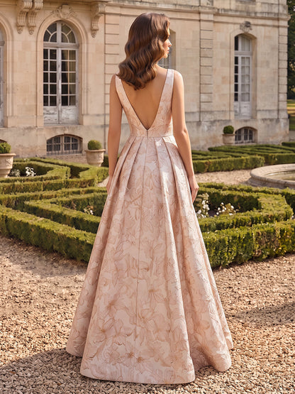Robe de soirée longue en jacquard, coupe trapèze/princesse, col en V, sans manches, avec fleurs 3D et fente latérale