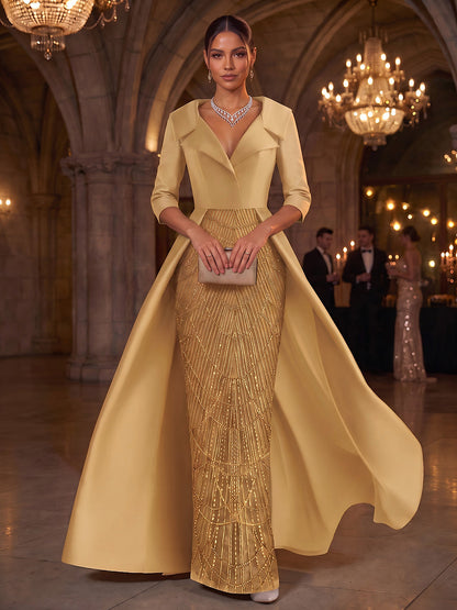 Robe de soirée longue en satin et sequins, coupe trapèze/princesse, col chemisier, manches 3/4