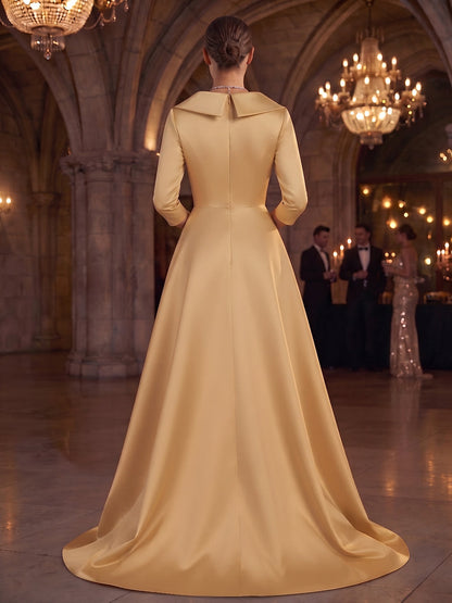 Robe de soirée longue en satin et sequins, coupe trapèze/princesse, col chemisier, manches 3/4
