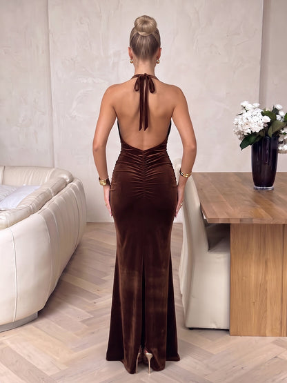 Robes de soirée longues en velours, coupe trompette/sirène, col en V, sans manches, avec plis