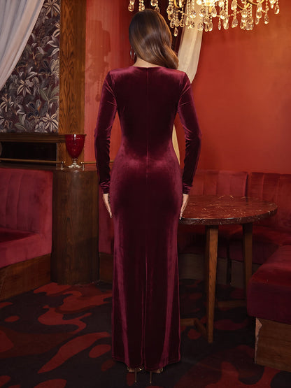 Robes de soirée longues en velours, coupe trompette/sirène, col en V, manches longues, avec drapés