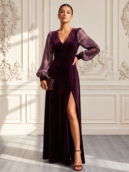 Robes de soirée longues en velours et organza, coupe fourreau/droite, col en V, manches longues, avec drapés