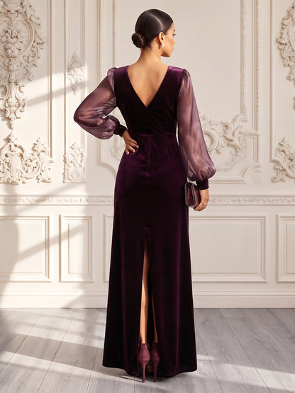 Robes de soirée longues en velours et organza, coupe fourreau/droite, col en V, manches longues, avec drapés