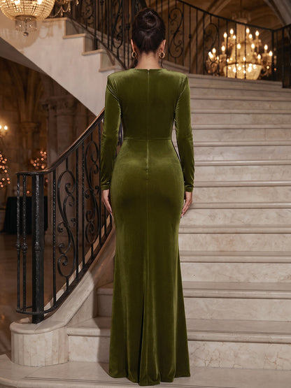 Robes de soirée longues en velours, coupe fourreau/droite, col en V, manches longues, avec plis et ceinture ruban