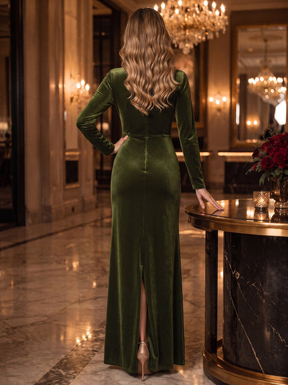 Robes de soirée longues en velours, coupe fourreau/droite, col en V, manches longues, avec plis et ceinture ruban