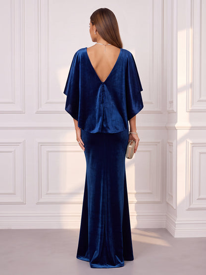 Robes de soirée longues en velours, coupe fourreau/droite, col en V, manches très courtes (effet coiffe), avec drapés