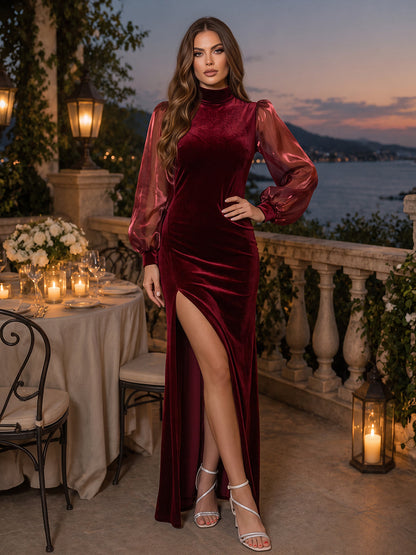 Robes de soirée longues en velours et organza, coupe trompette/sirène, col montant, manches longues, avec drapés