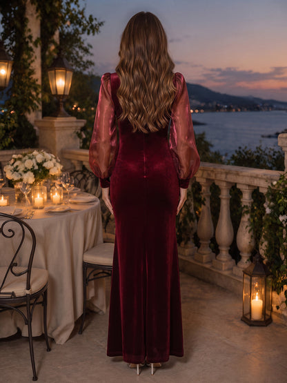 Robes de soirée longues en velours et organza, coupe trompette/sirène, col montant, manches longues, avec drapés