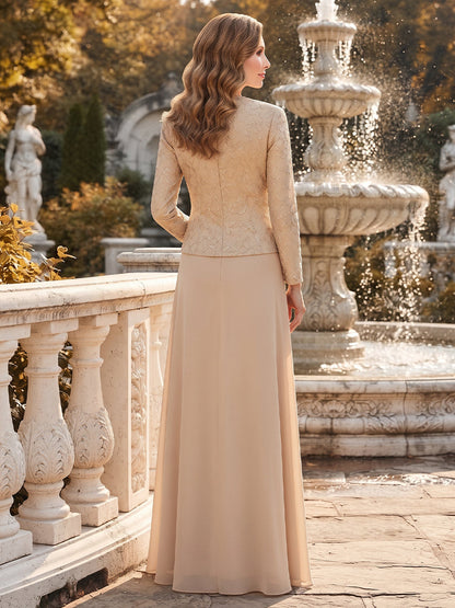 Robe de mère de la mariée longue en mousseline, coupe trapèze/princesse, encolure arrondie, manches 3/4, avec motifs appliqués