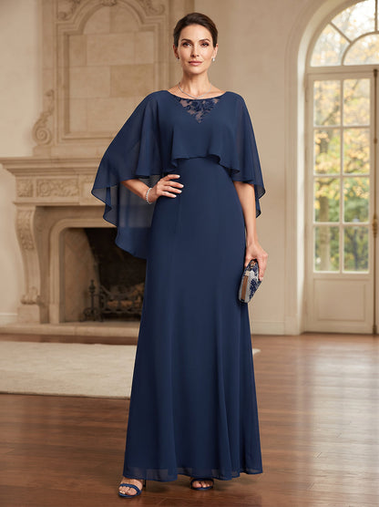 Robe de mère de la mariée longue en mousseline, coupe trapèze/princesse, encolure arrondie, sans manches, avec dentelle