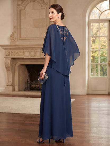 Robe de mère de la mariée longue en mousseline, coupe trapèze/princesse, encolure arrondie, sans manches, avec dentelle