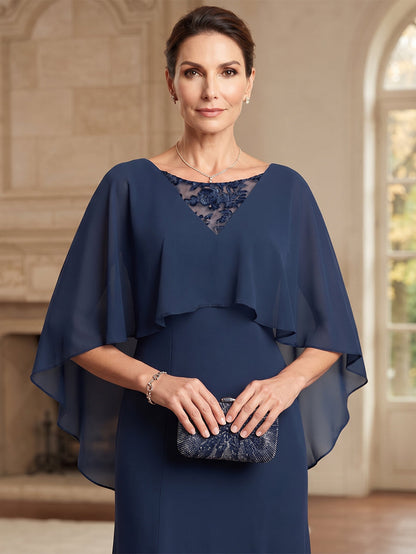 Robe de mère de la mariée longue en mousseline, coupe trapèze/princesse, encolure arrondie, sans manches, avec dentelle